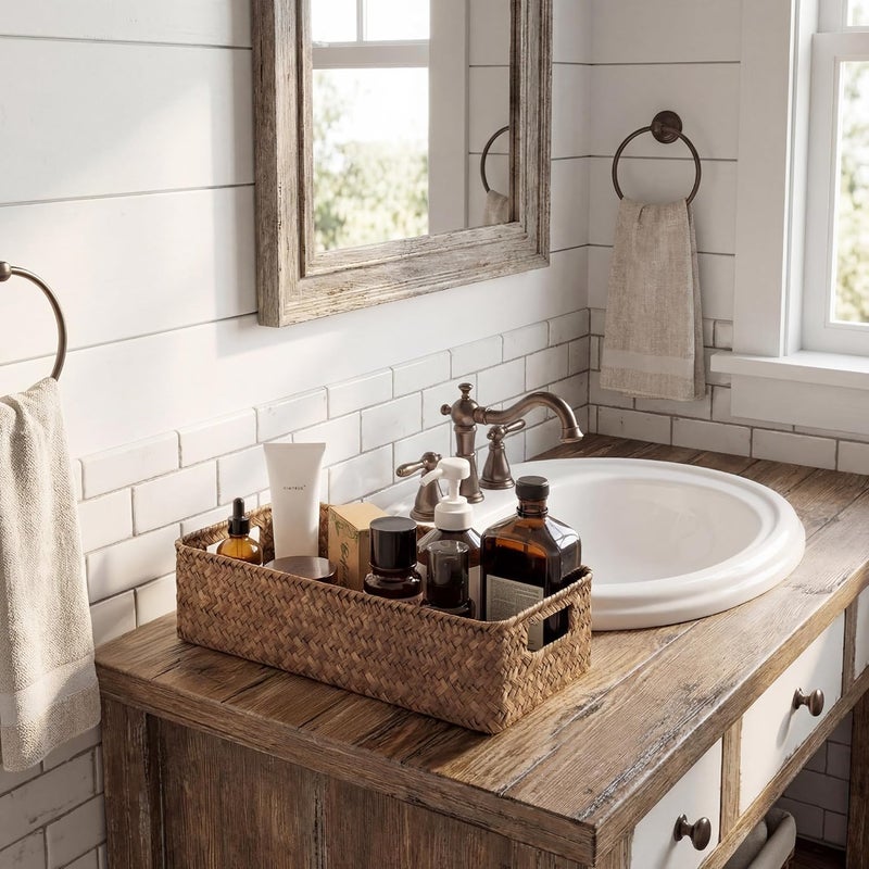 StorageWorks Wicker Toilet Paper Basket for Back of Toilet Baskets, Seagrass Bathroom Basket Organizer and Storage for Tank Topper, Small Tank Trays for Decor with Built-in Handles, Brown - Image 3